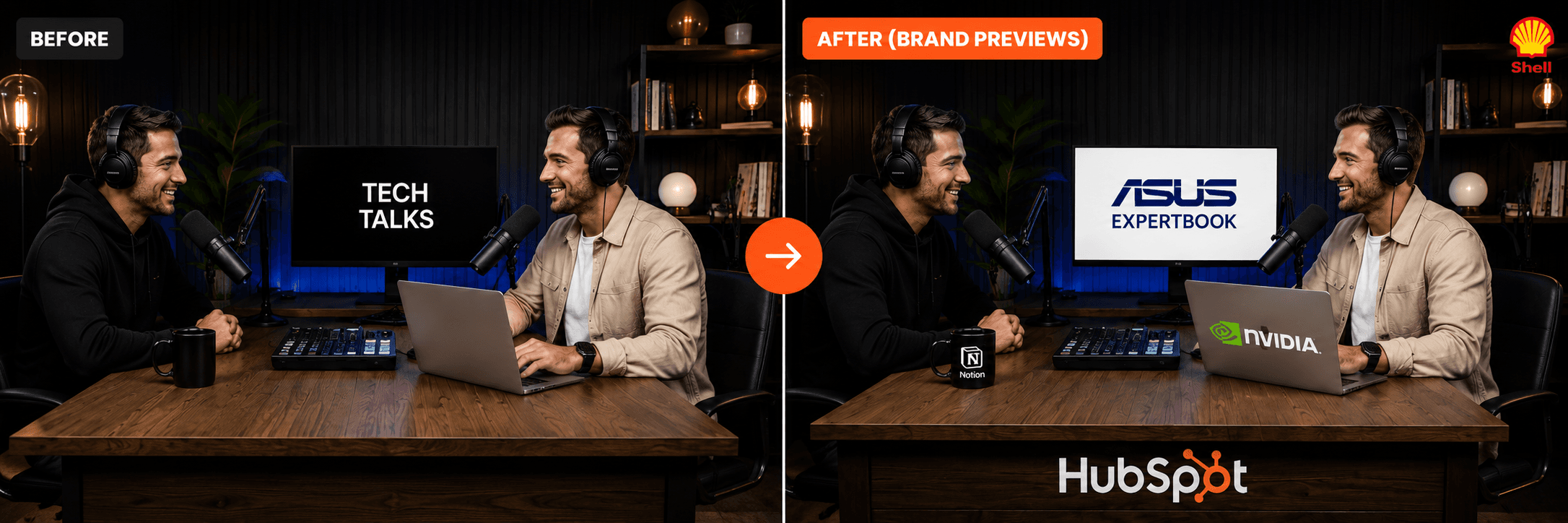 Before and after brand preview — podcast studio with sponsor logos placed photorealistically